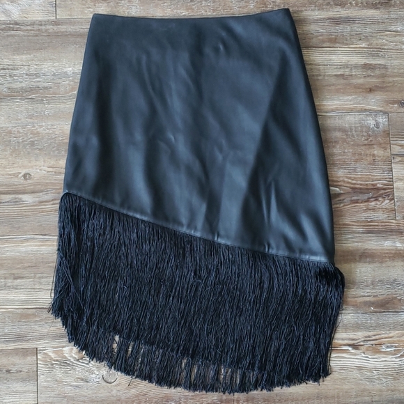 Black Leather and Fringe Asymmetrical Skirt - Picture 3 of 7
